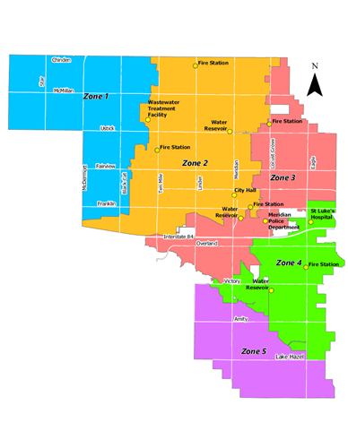 A color-coded map showing five water quality zones in Meridian, Idaho